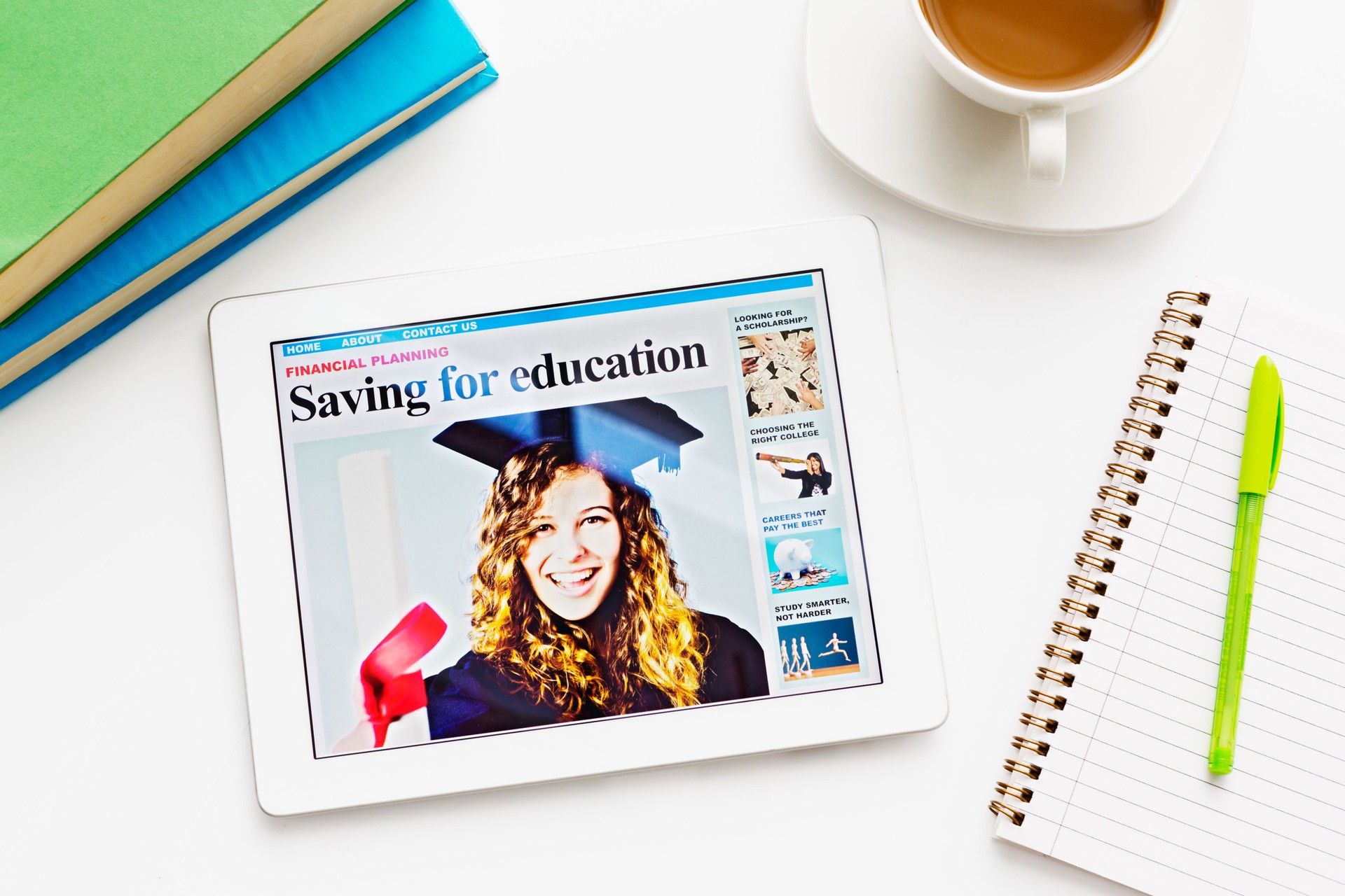 Tablet with headline: Saving for education. An excellent idea!