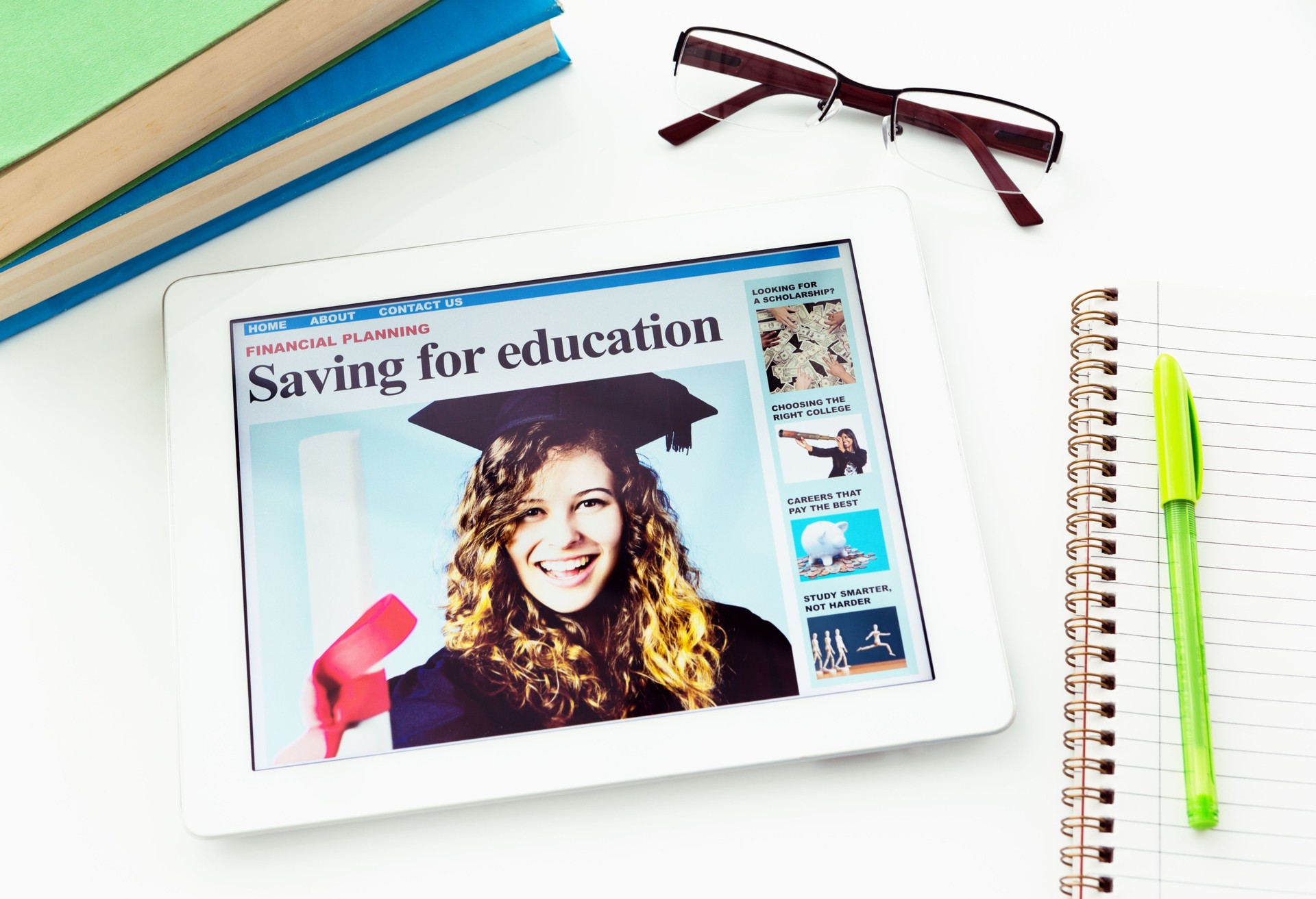 Newspaper front page headline: Saving for education, with successful graduate